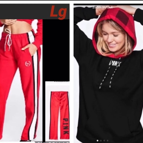 PINK VS Sherpa lined campus hoodie boyfriend pant red buffalo check 2018 - Picture 1 of 16
